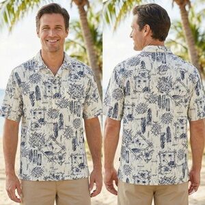 Men's Navy and Cream Patterned Casual Shirt